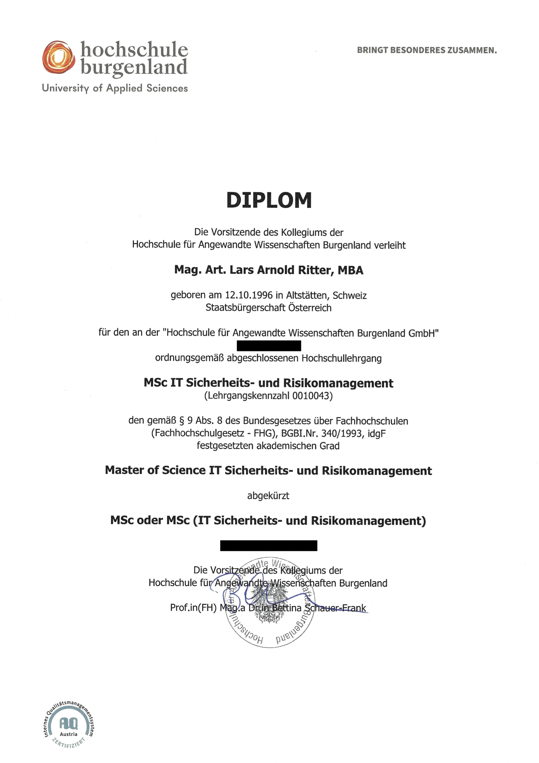 Master of Science IT-Sicherheit Diplom - Lars Ritter