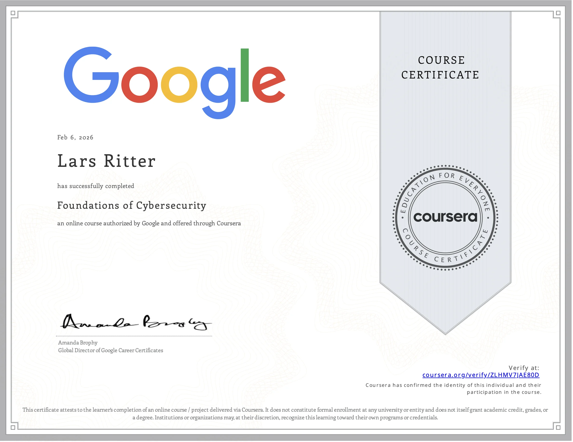 Google Foundations of Cybersecurity Zertifikat