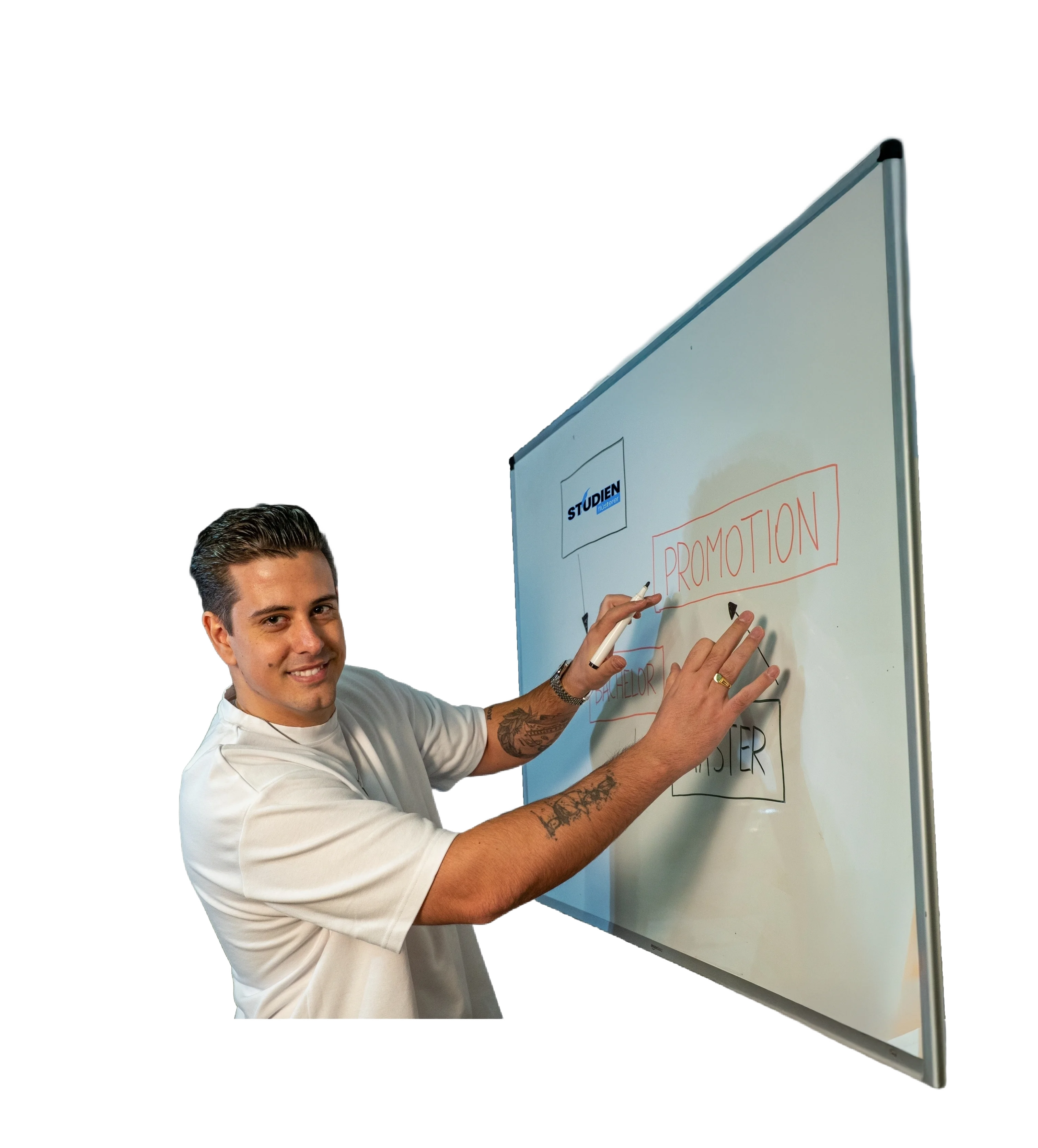 Lars erklärt Studienwege am Whiteboard - Bachelor, Master und Promotion
