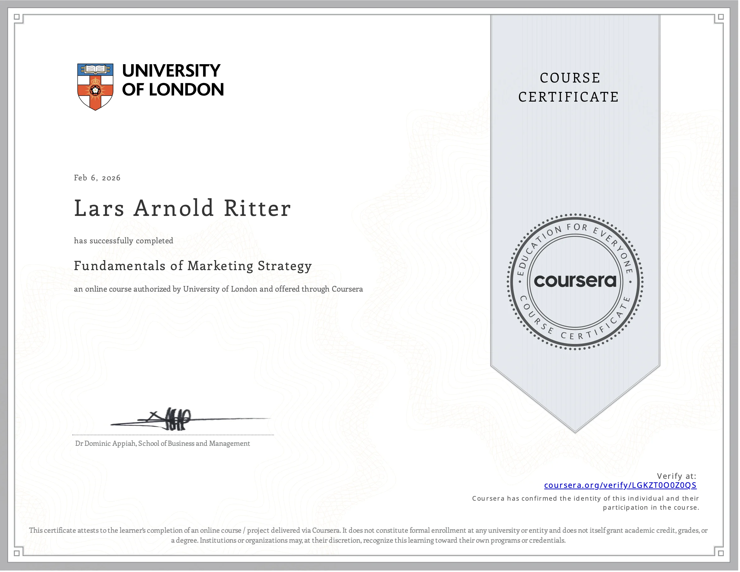 University of London Fundamentals of Marketing Strategy Zertifikat