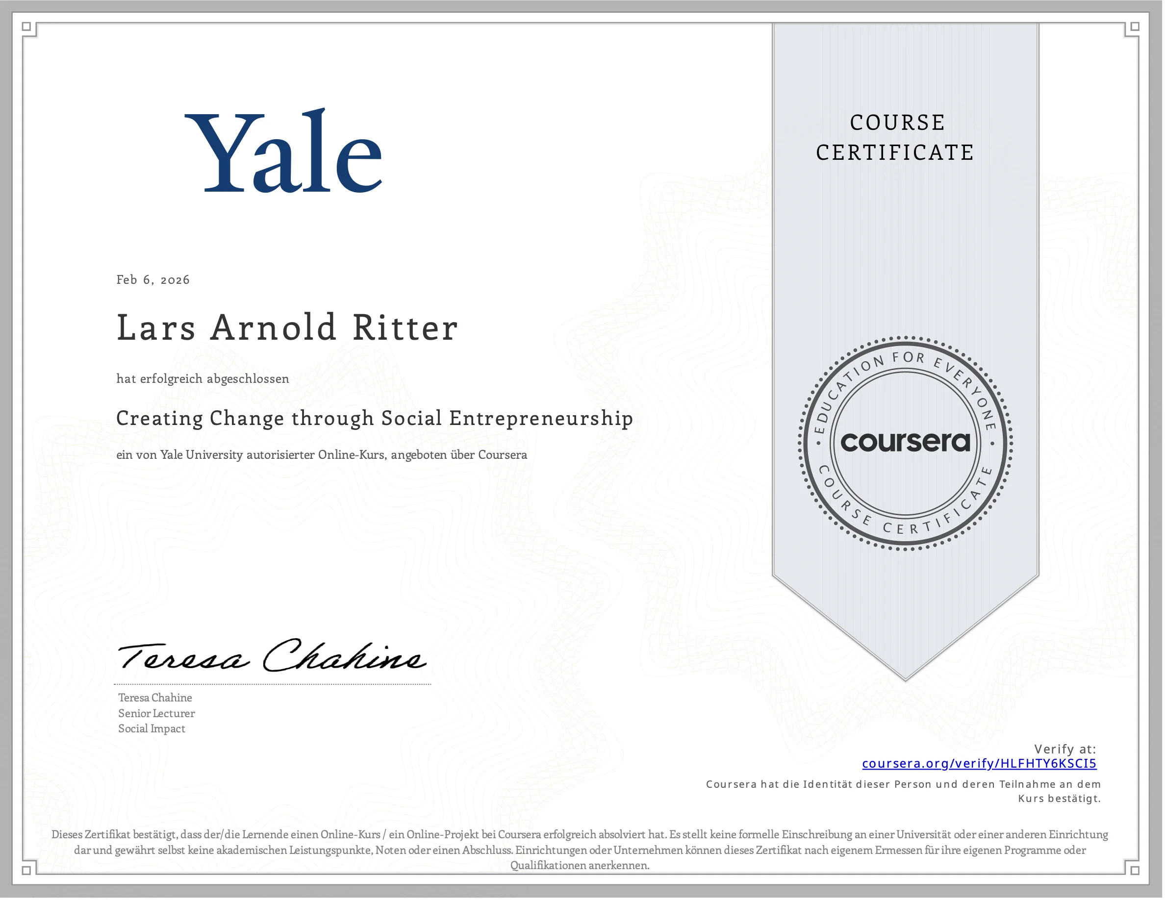 Yale Creating Change through Social Entrepreneurship Zertifikat